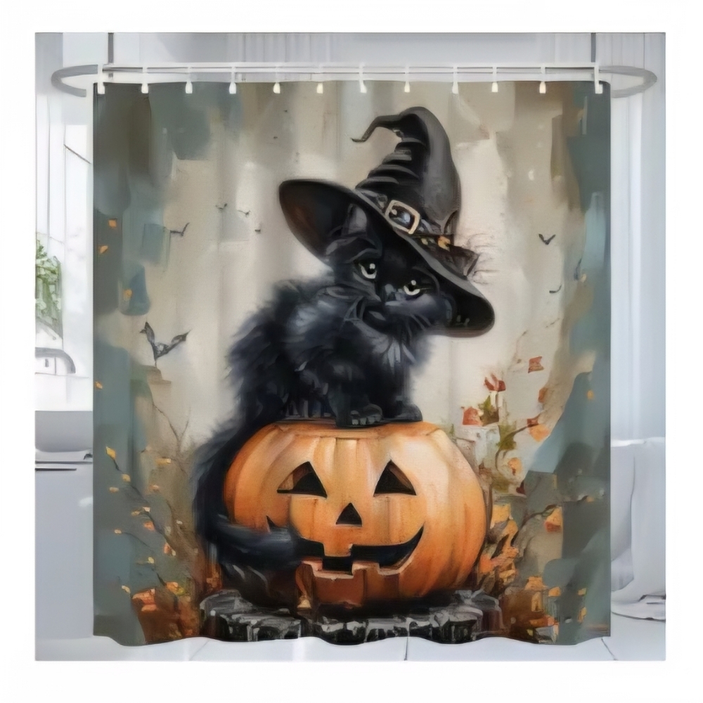 Trending Halloween Cat & Pumpking Shower Curtain 12 White Plastic Hooks Included